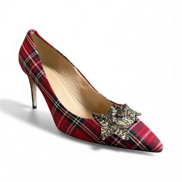 J Crew Star Sequenced Red Tartan Holiday Heels - Picture 1 of 15